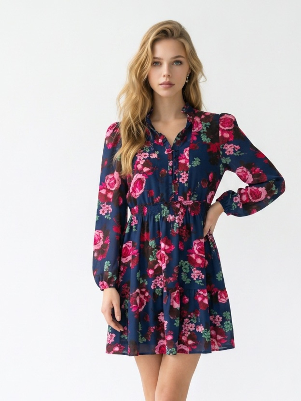London Times Navy with Pink Floral Long-Sleeve Tiered Mini Dress size 12